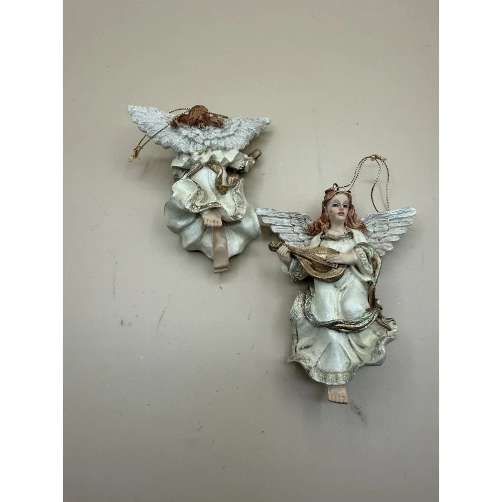 Set Of Two Christmas Angels Playing The‎ Mandolin Vtg Ornaments Holiday Lot